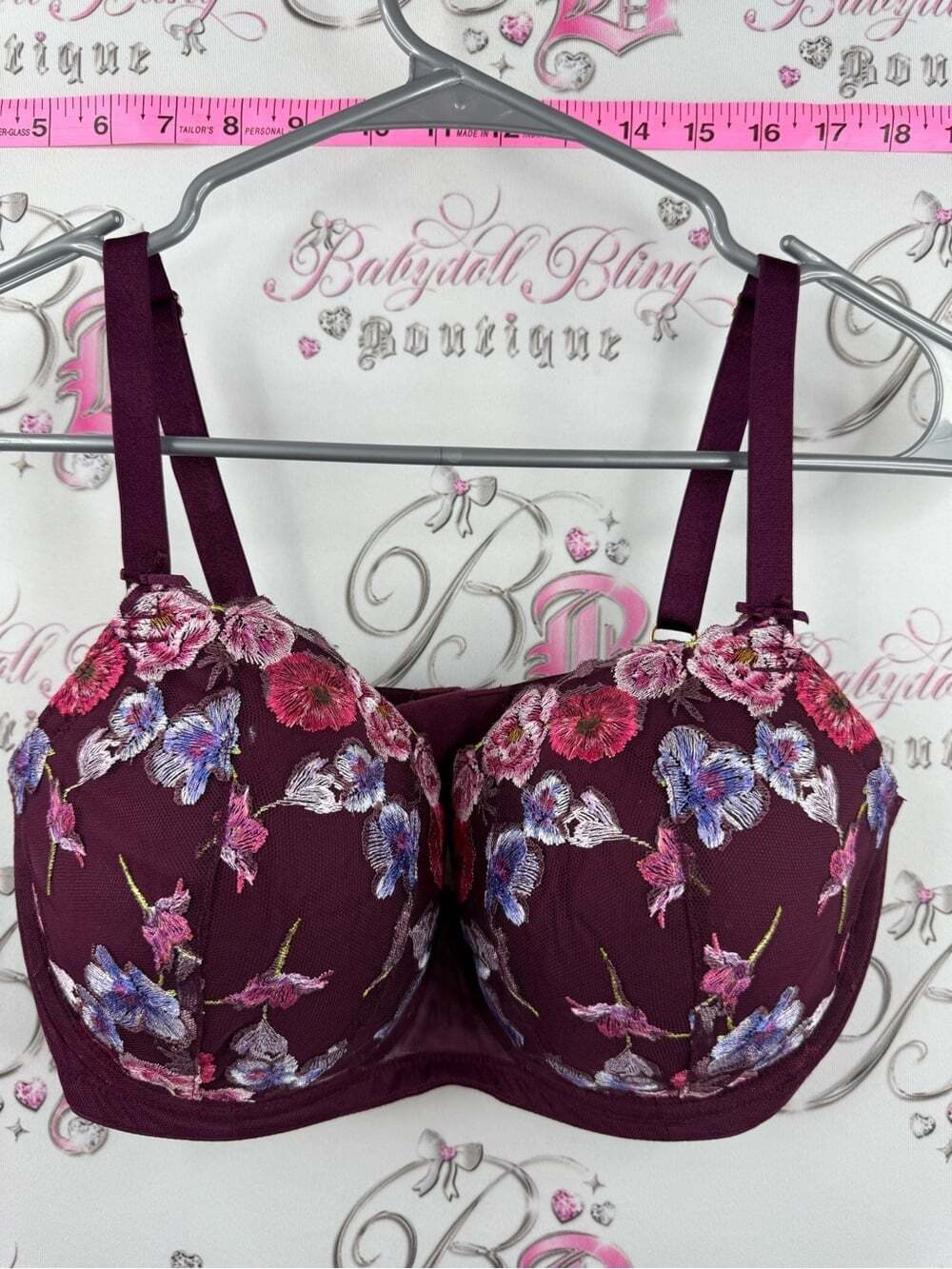 Victoria's Secret Embroidered Floral Bra in Deep Plum with Pink & Blue Accents